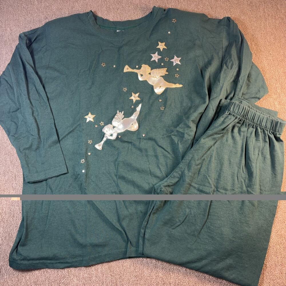 VTG 90s Borderline Angel Lounge Set Green OSFA USA Christmas Pajama Set